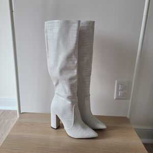White Croc-Embossed Knee-High Heeled Boots